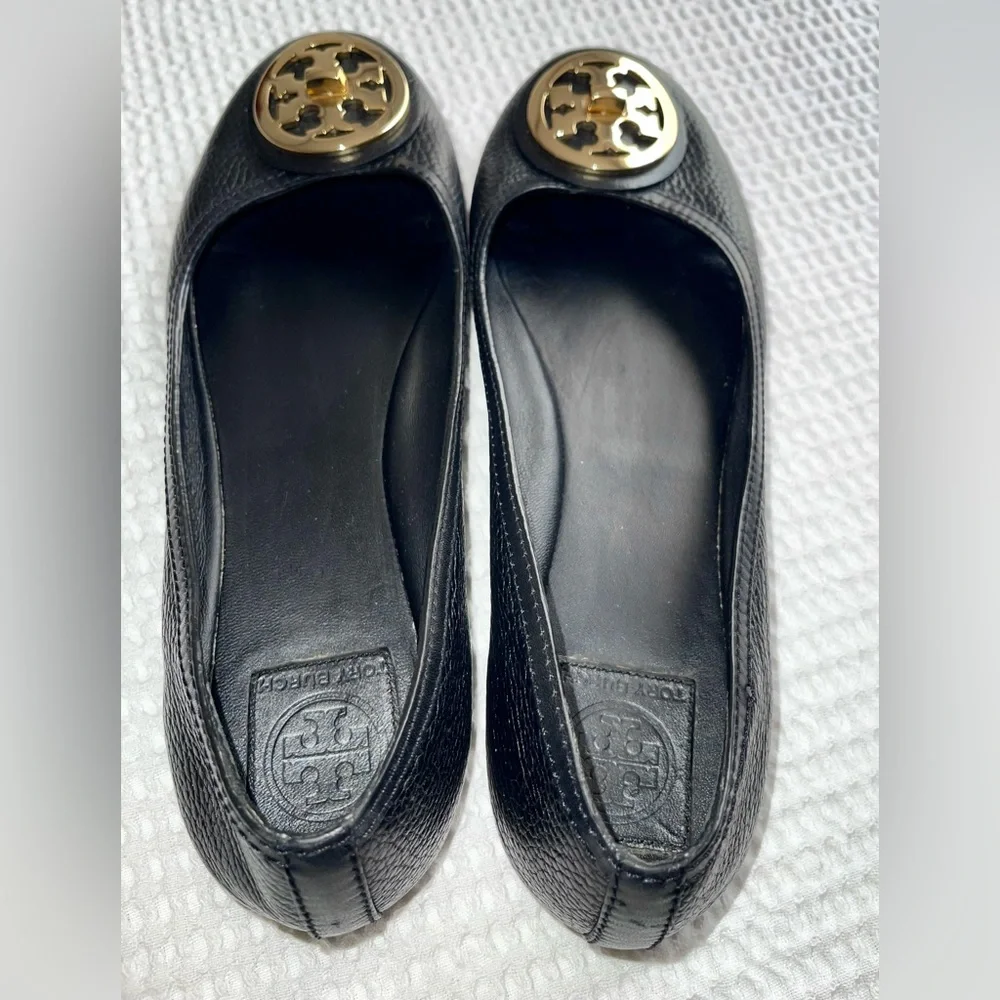 Tory Burch Black Flats with Gold Emblem